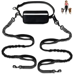 Hands Free Double Retractable Dog Leash for 2 Dogs with Waist Belt & Large Pouch, Dual Handles for Walking Running Hiking, Fits Medium & Large Dogs, Black