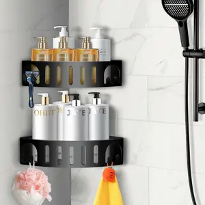 Corner Shower  with Shelves & Shaving Holder - Rust-Proof  Alloy, No Drill Adhesive Mount, Spacious Bathroom Organizer for Shampoo, Conditioner, Razors & Bathroom Accessories Black 2Pack