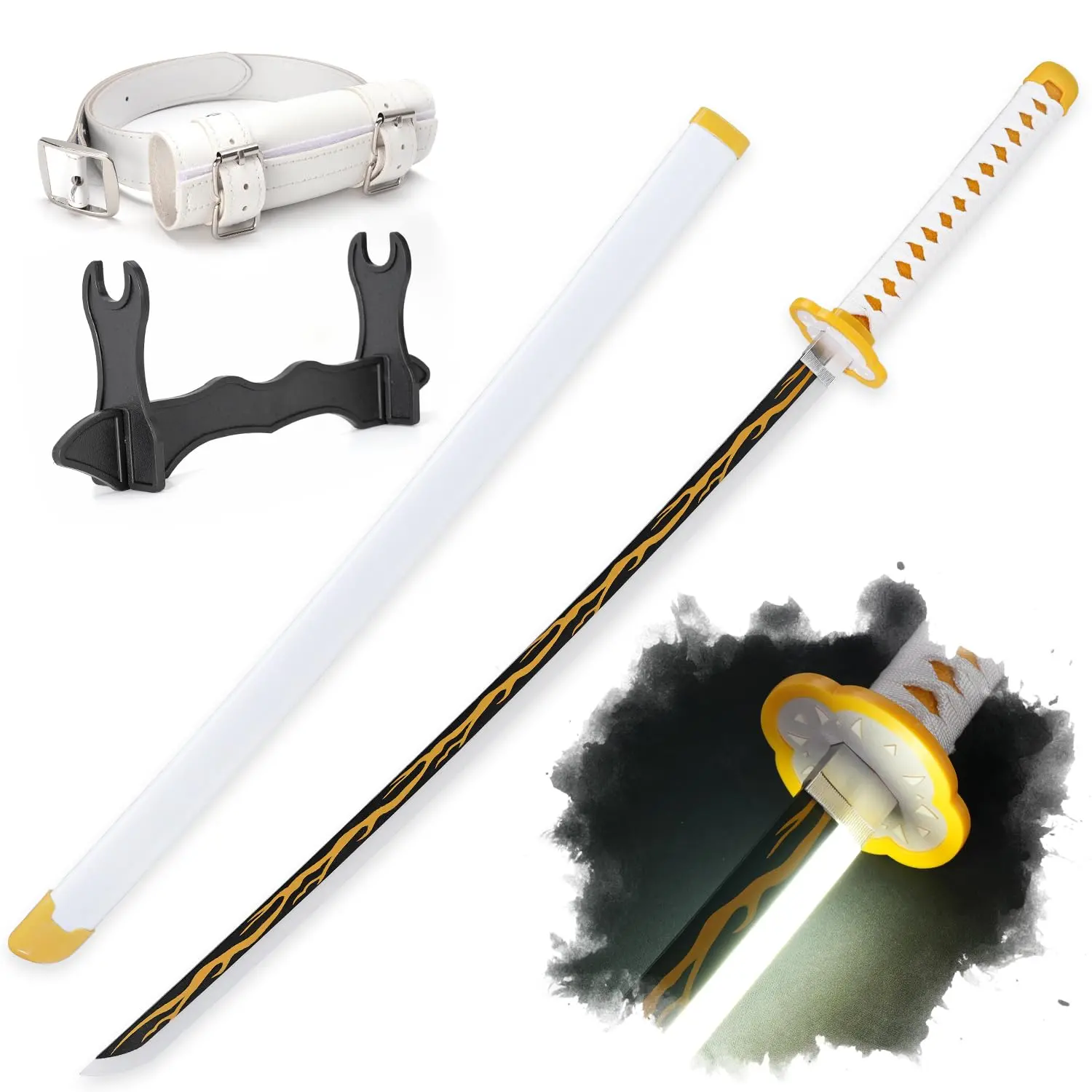 ELERVINO 41-in LED Lighting Demon Slayer Agatsuma Zenitsu Anime Plastic Toy Sword - Easy Handling, 1.1 lb, White Belt & Holder Stand, Cosplay Props, Halloween Anime Role-Playing Props, Collection Decor, Gift for 12+ Yrs