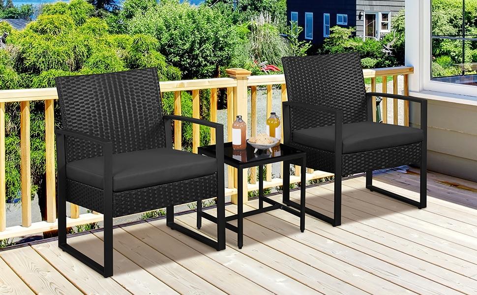 Yaheetech 3 Pieces Rattan Bistro Set, Indoor/Outdoor Wicker Patio Modern Conversation Furniture, 2 Chairs & Tempered Glass Coffee Table for Garden, Balcony, Backyard, Poolside Yaheetech 3 Pieces Rattan Bistro Set, Indoor/Outdoor Wicker Patio Modern Conversation Furniture, 2 Chairs & Tempered Glass Coffee Table for Garden, Balcony, Backyard, Poolside