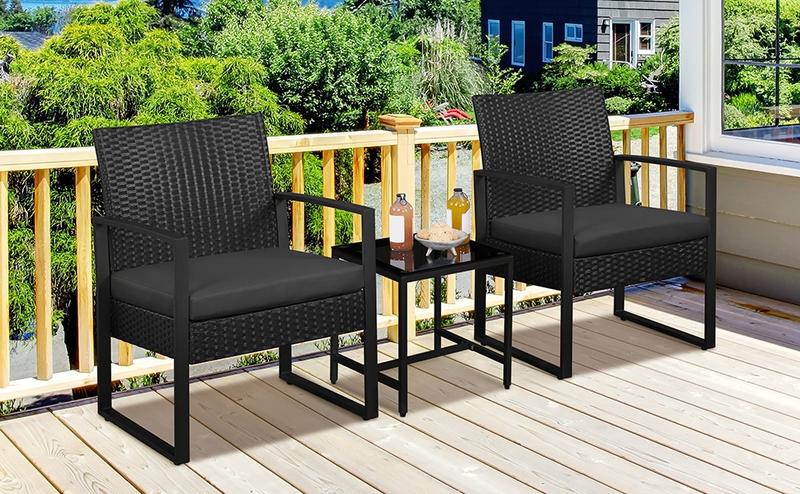 Yaheetech 3 Pieces Rattan Bistro Set, Indoor/Outdoor Wicker Patio Modern Conversation Furniture, 2 Chairs & Tempered Glass Coffee Table for Garden, Balcony, Backyard, Poolside