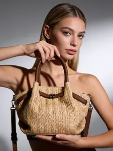 1pc Premium Woven Straw Handbag | Leather Trim & Convertible Strap | Luxury Summer Tote Bag for Vacation & Daily Use Fashionable Straw Bag Stylish Versatile Bag