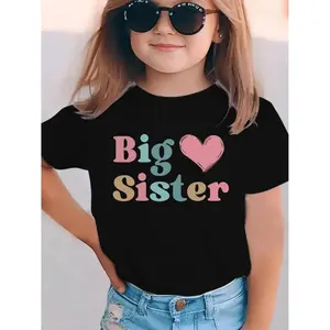 Summer Fashion Short-Sleeve T-Shirt for Girls with a Big Sister Heart Cartoon Print, Casual And Versatile Top