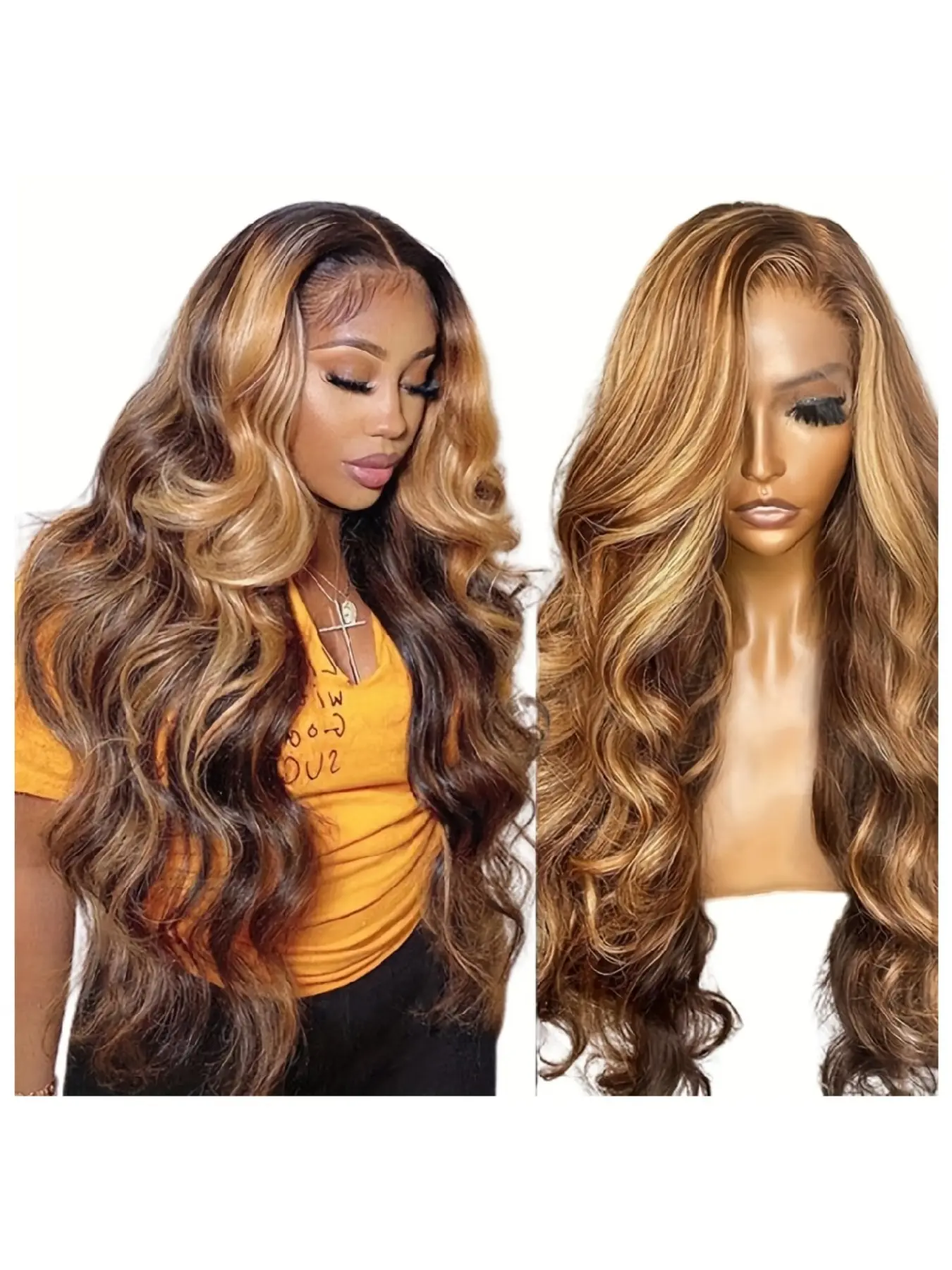 4/27 Honey Gold Ombré Lace Front Wig, Wavy Ombre Wig, Premium Blend of Human Hair & Heat-Resistant Synthetic Fibers, 13x4 Wavy Texture, HD Transparent Lace, 180% Density, Glueless & Pre-Styled Design, Natural Realistic Look, Glueless Ready To Wear Wig