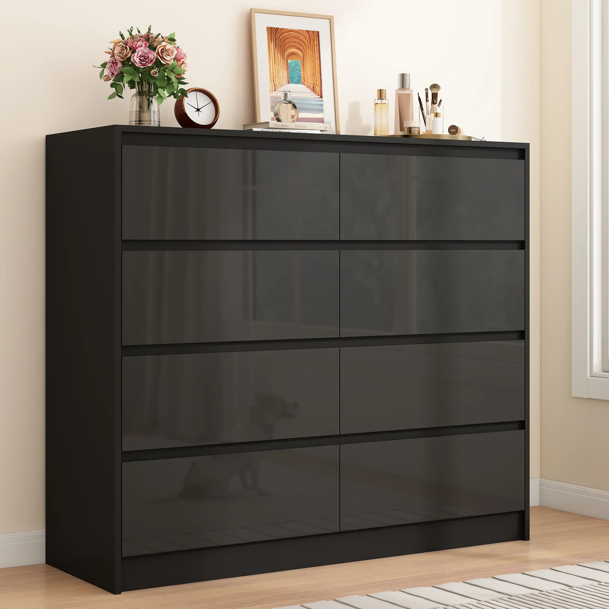 8 Drawer Dresser for Bedroom, Simply Modern Chest of Drawers, Wood Storage High Gloss Dressers Chest with Sturdy Frame,Handle Free Large Closet Organizers for Living Room Hallway Entryway, Black/white
