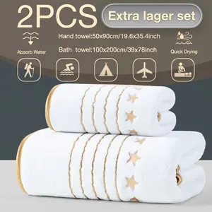 2pcs Giant Bath Towels 100x200cm + 50x90cm, Gold Trim Embroidery, Luxury Stripe, Quick Dry, Super Absorbent, Microfiber, Soft, Travel Beach Camping