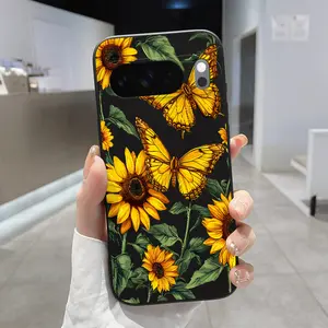 Sunflower Butterfly Dance Pattern Rounded Edge Phone Case for Google Pixel 10 9 8 7 Pro A XL Shockproof Full Camera Protection Durable Slim Liquid Silicone Cover Smartphone Casing