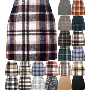 Women's High-Waisted Plaid Skirt Tight Pencil Wool Mini Skirt pencil skirt Womenswear Bottom Black Brown