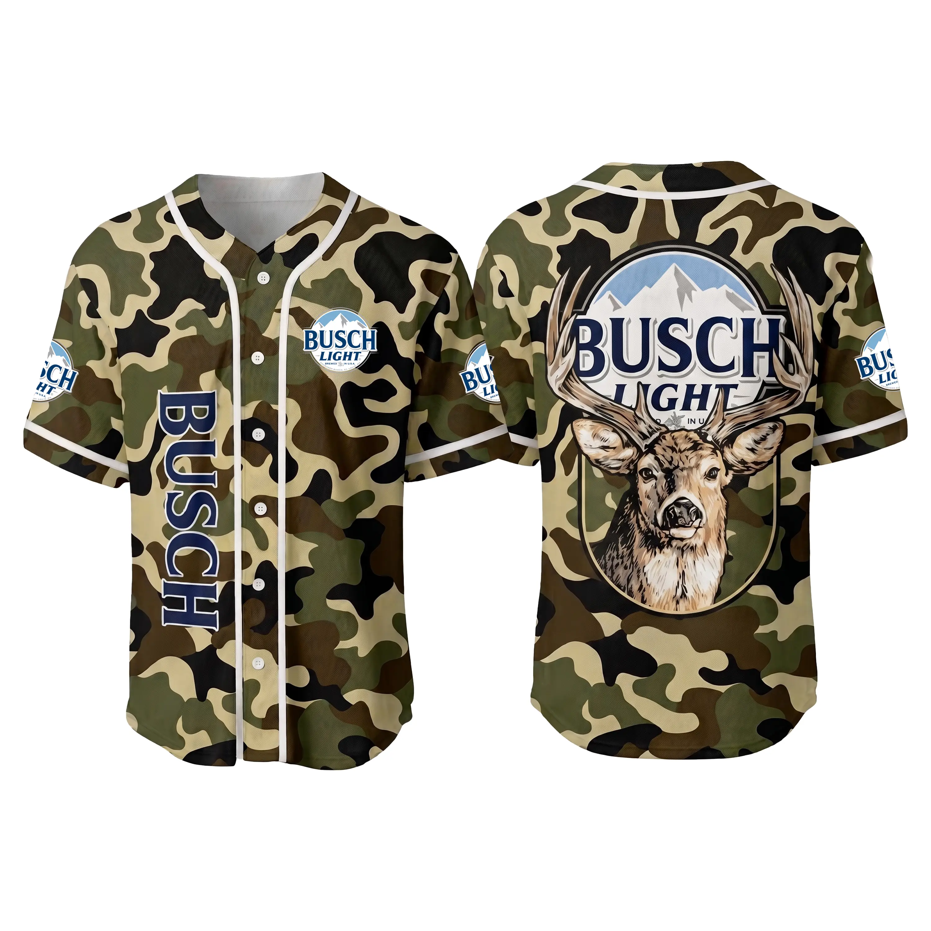 Busch Light Camo Deer Baseball Jersey - Hunting Buck Beer Button Down - Men's America 250 & 4th of July Shirt