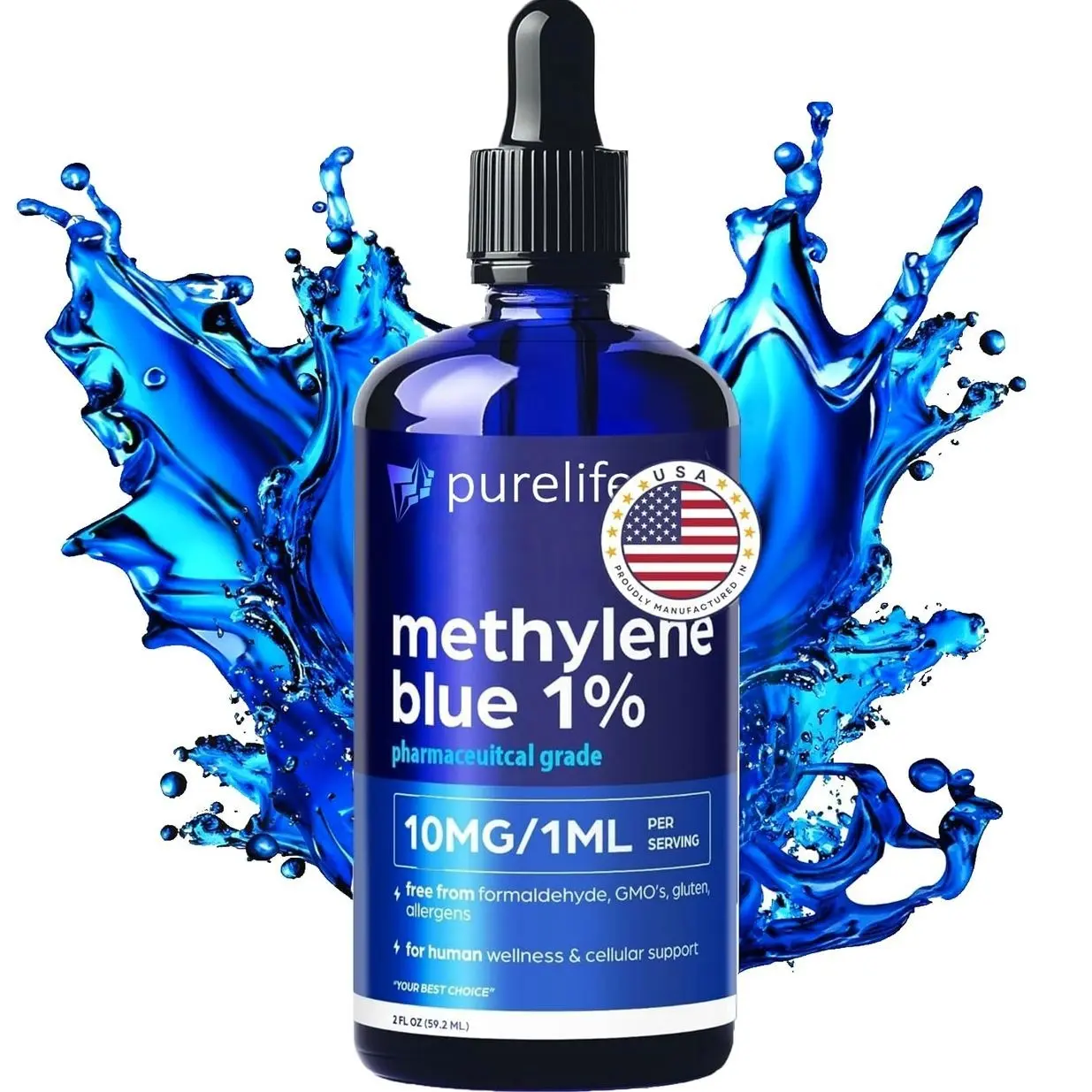 PureLife Methylene Blue Pharmaceutical Grade 2oz– USP Grade 1% Solution with Balanced Electrolyte SolutionThird-Party Tested Brain Health Supplement for Humans –No Formaldehyde High Cognitive Support