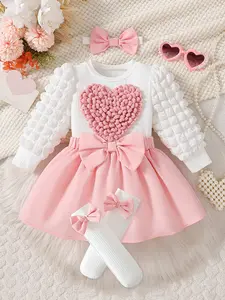 Girl's cute winter dress with a sweet love bow, a three piece set of pink and white contrasting dress, headband, and socks, three-dimensional love, big bow, and bubble sleeves, Easter gift, suitable for hundred day banquets, one year parties, kindergarten
