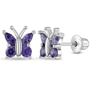 Dainty CZ Butterfly Baby / Toddler / Kids Earrings Screw Back - Sterling Silver