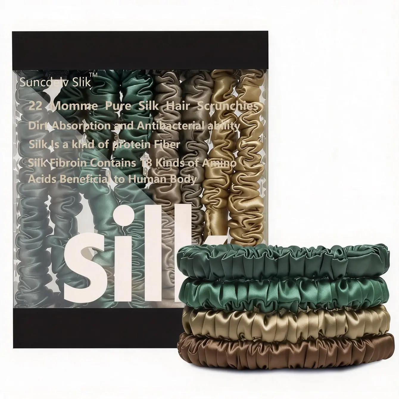 100% Silk Scrunchies for Women, 4 Pack 22 Momme Sporty Sports Headbands & Fashion Hair Ties for Anti-Crease and Breakage, Green Series