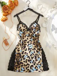 Women's Butterfly & Leopard Print Lace Trim Side Split Cami Nightdress, Casual Soft Comfortable Spaghetti Strap Nightgown for All Seasons, Sleep Dress, Fashion Ladies' Sleepwear for Daily Wear, Night Gown for Women, Casual Comfy Nightdress