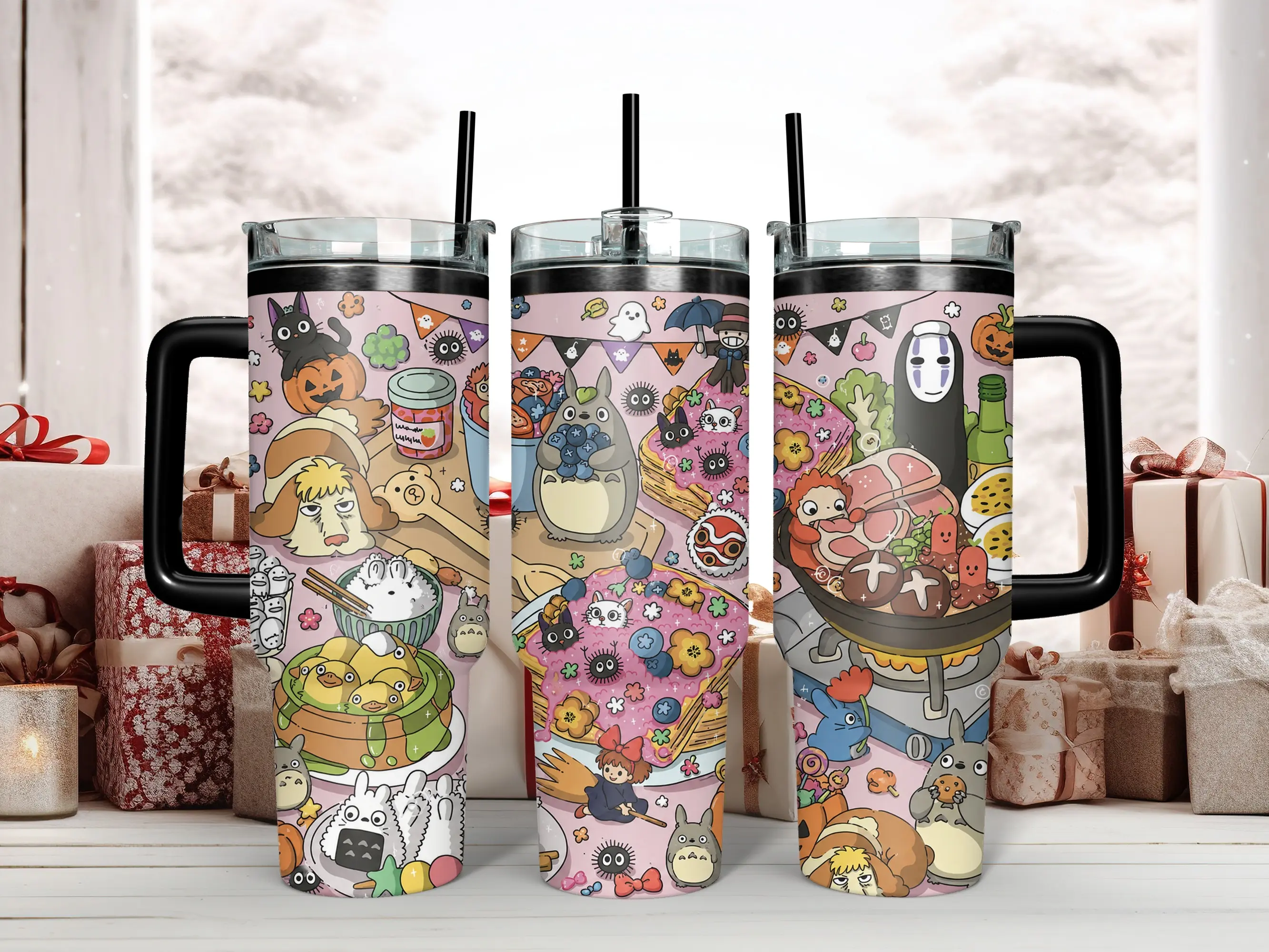 Studio Ghibli Kawaii Halloween Insulated Travel Tumbler - 40oz Stainless Steel Portable Flask with Lid, Handle, Straw - Features Totoro, No-Face, Jiji, Ponyo & Calcifer Sweets - Ideal Anime Kitchenware Gift Bottle