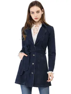 INSPIRE CHIC Jean Belted Notched Lapel Trench Long Denim Jacket
