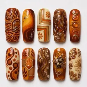 ES17 Retro Boho Press-On Nails, 3D Sun Bee Floral Design, Warm Caramel Brown Color Palette, Vintage Handmade Nail Art, Earthy Cottagecore Press Ons