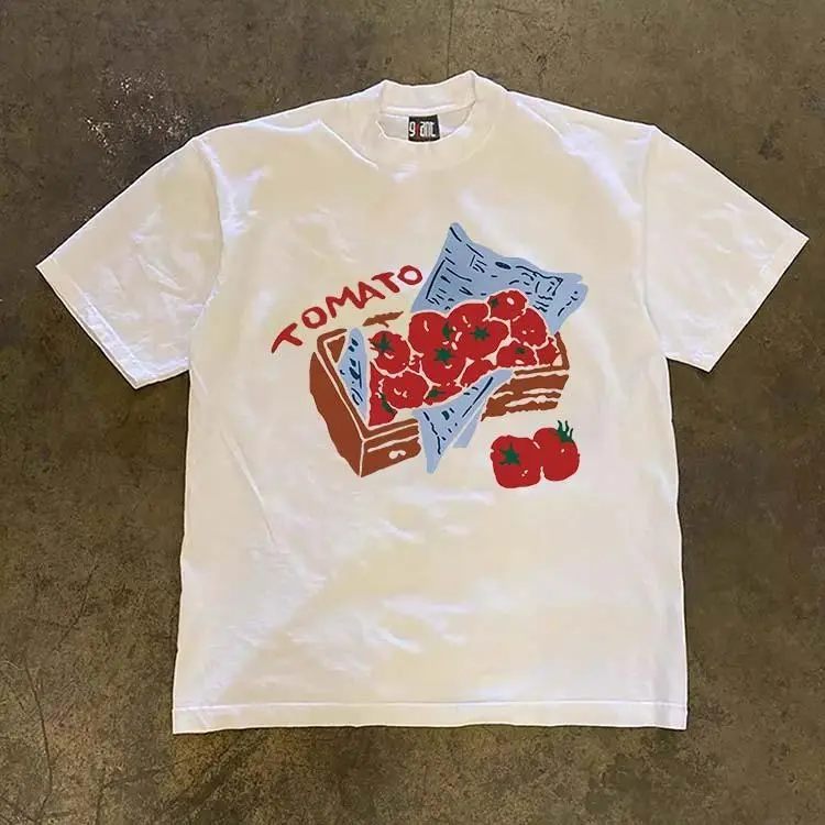 Korean Style Cute Tomato Graffiti Graphic Oversized T-Shirt | Creative Trendy Unisex Vintage Streetwear Tee | 100% Cotton Short Sleeve Top for Men & Women | Casual Fashion Shirt | SKU qmvxtrkpaz