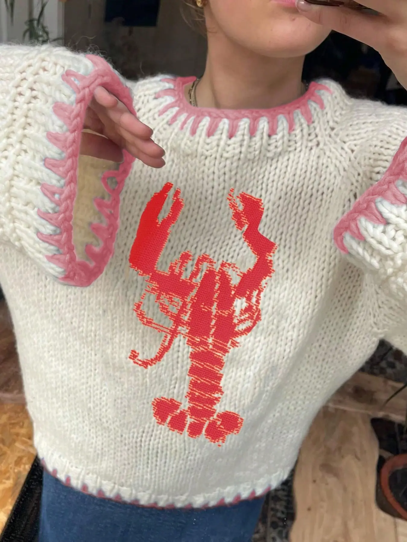 Women's Fashion Sweater, Knitwear, Womenswear, Fall & Winter Animal Pattern, Multicolor Crescent Design, Lobster Print, Casual Fitted Knit Top
