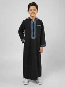 Muslim Boy Hooded Thobe For 8-12Y, Elegant Embroidery Design, Stand Collar Long Sleeve with Side Pockets, Comfortable Fashion for Kids