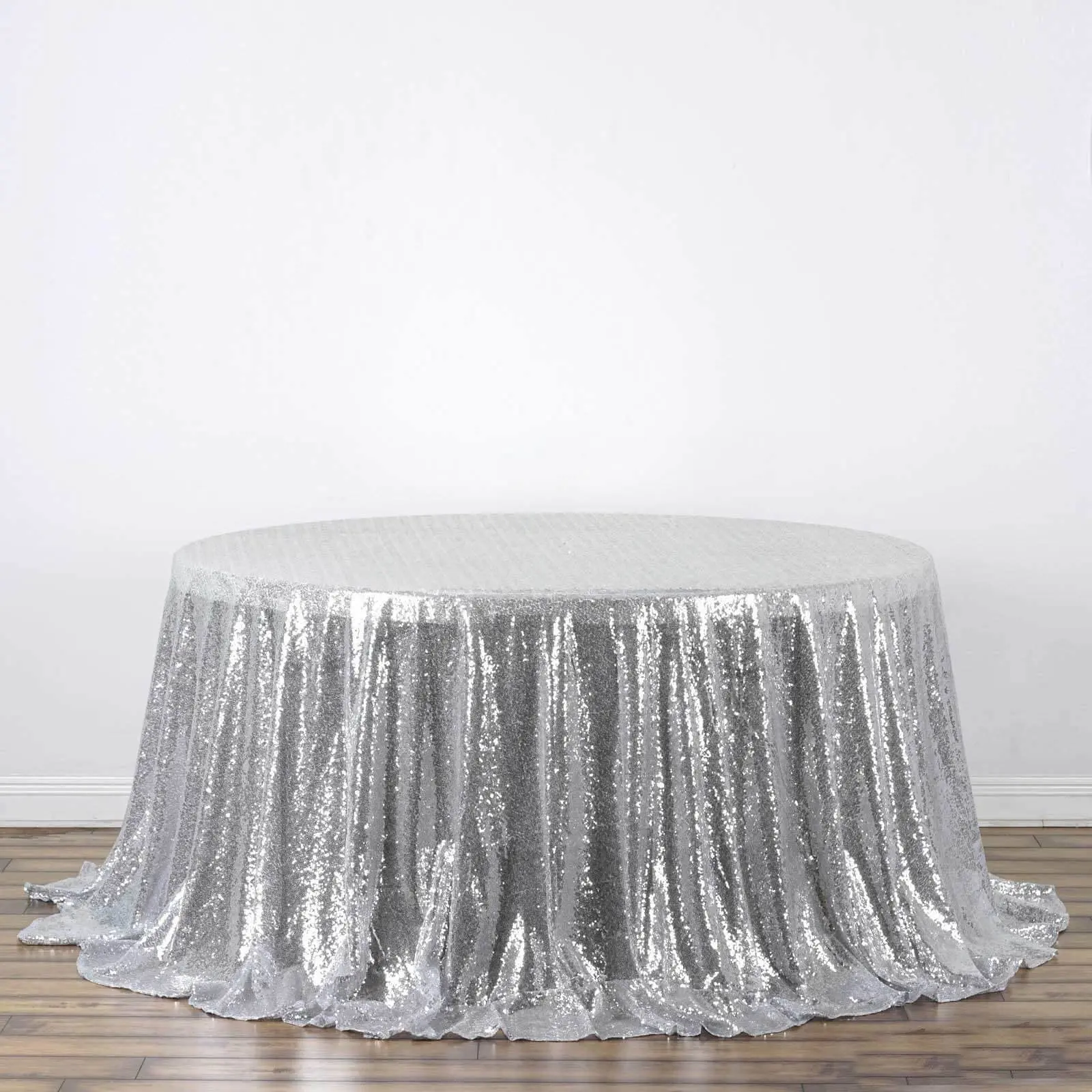 Silver Sequin Round Tablecloth, 132" with Seamless Twinkling Finish, for Party Decor, Festive Home Decoration, Holiday Party Decor