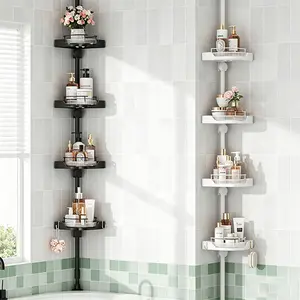 360° Rotating Corner Shower Caddy Tension Pole Organizer - 4-Tier Adjustable Rustproof Metal Pole, Plastic Shelves with Safety Guardrail, Organizer Shelves