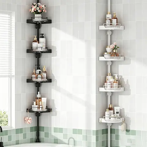 MAONAME 360° Rotating Corner Shower Caddy Tension Pole Organizer with Box - 4-Tier Home Goods Bathroom Accessory, Adjustable Rustproof Metal Pole, Plastic Shelves with Safety Guardrail, Drainage Design, High-Bottle Fit, 2 Extra Metal Hooks