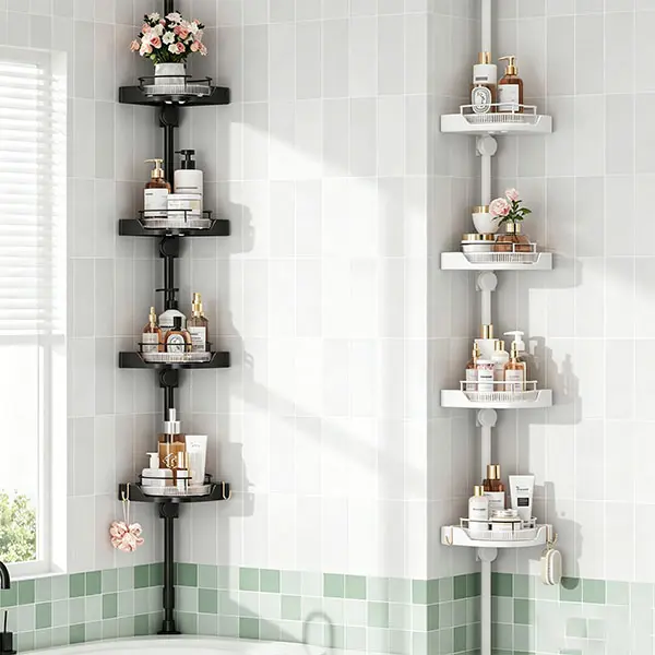 360° Rotating Corner Shower Caddy Tension Pole Organizer - 4-Tier Adjustable Rustproof Metal Pole, Plastic Shelves with Safety Guardrail, Organizer Shelves