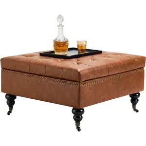 VEVOR 31.5 Inch Square Leather Ottoman with Storage, Upholstered Tufted Button Coffee Table Ottoman with Castered Rolling Wheels, PU Leather High-Density Sponge for Living Room, Dorm, Bedroom, Brown