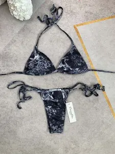 Black Toile Print Bikini Set Halter Tie Side Two Piece Sexy Minimalist Swimwear Women Vintage Aesthetic Monochrome Beach Pool Party Vacation Trendy Y2K Style Swimsuit