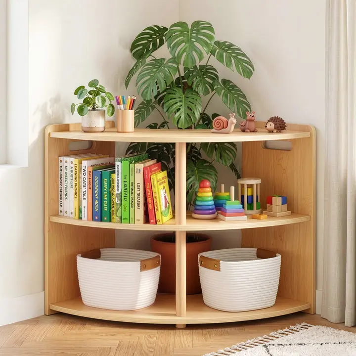 OOOK 2-Tier Plywood Montessori Book Shelf - Corner Arc Cabinet with Open Access for Kids' Bedroom, Indoor Children's Furniture Bookcase