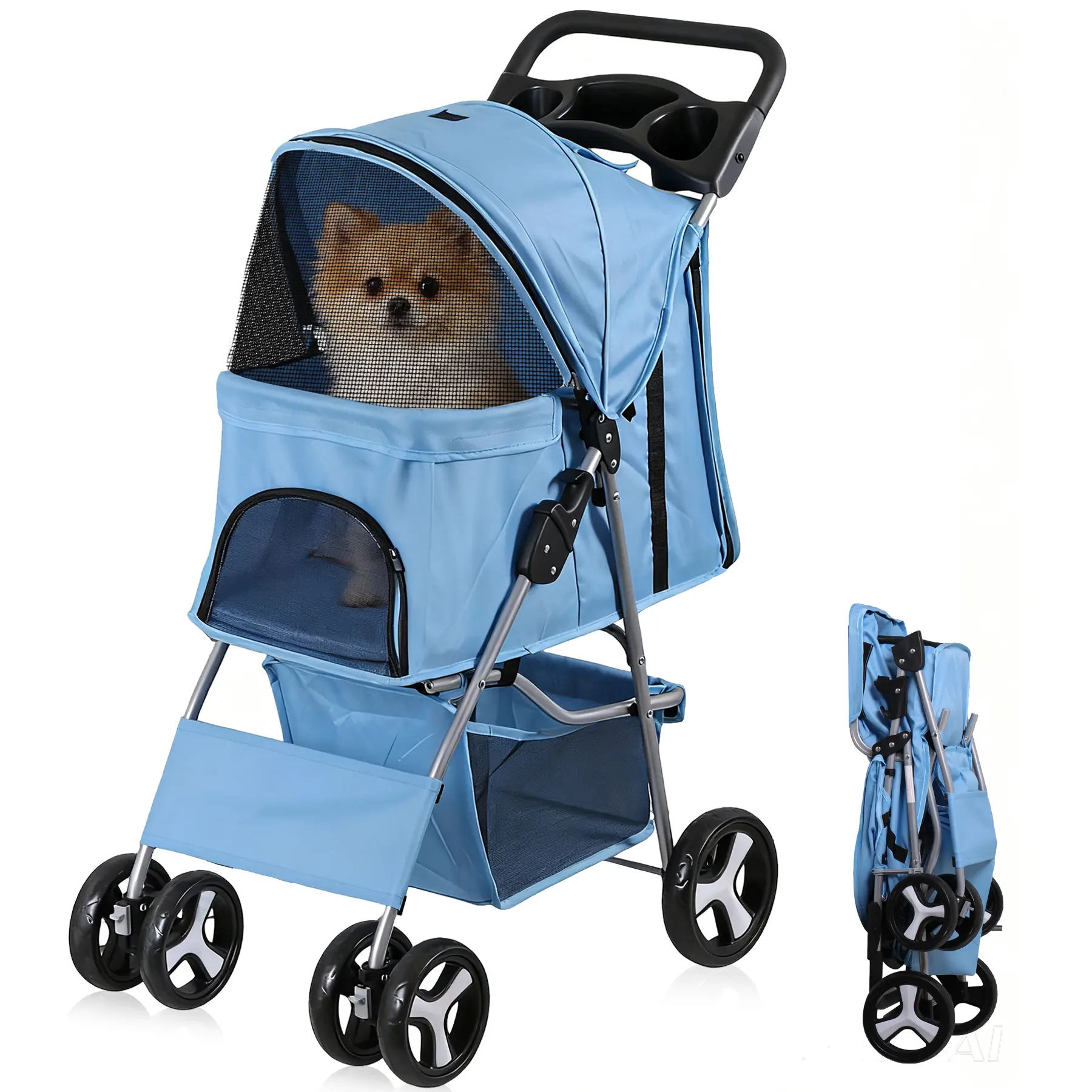 NOVA 4-Wheel Foldable 400D Oxford Fabric Small Dog Stroller - 360° Rotating Wheels, Breathable Mesh Seat Covers, Zipper Design, Plastic & Metal Components, Storage Baskets, Cup Holder, 33.07in L x 17.51in W x 39.56in H, 33lbs Capacity, Blue, for Camping,,