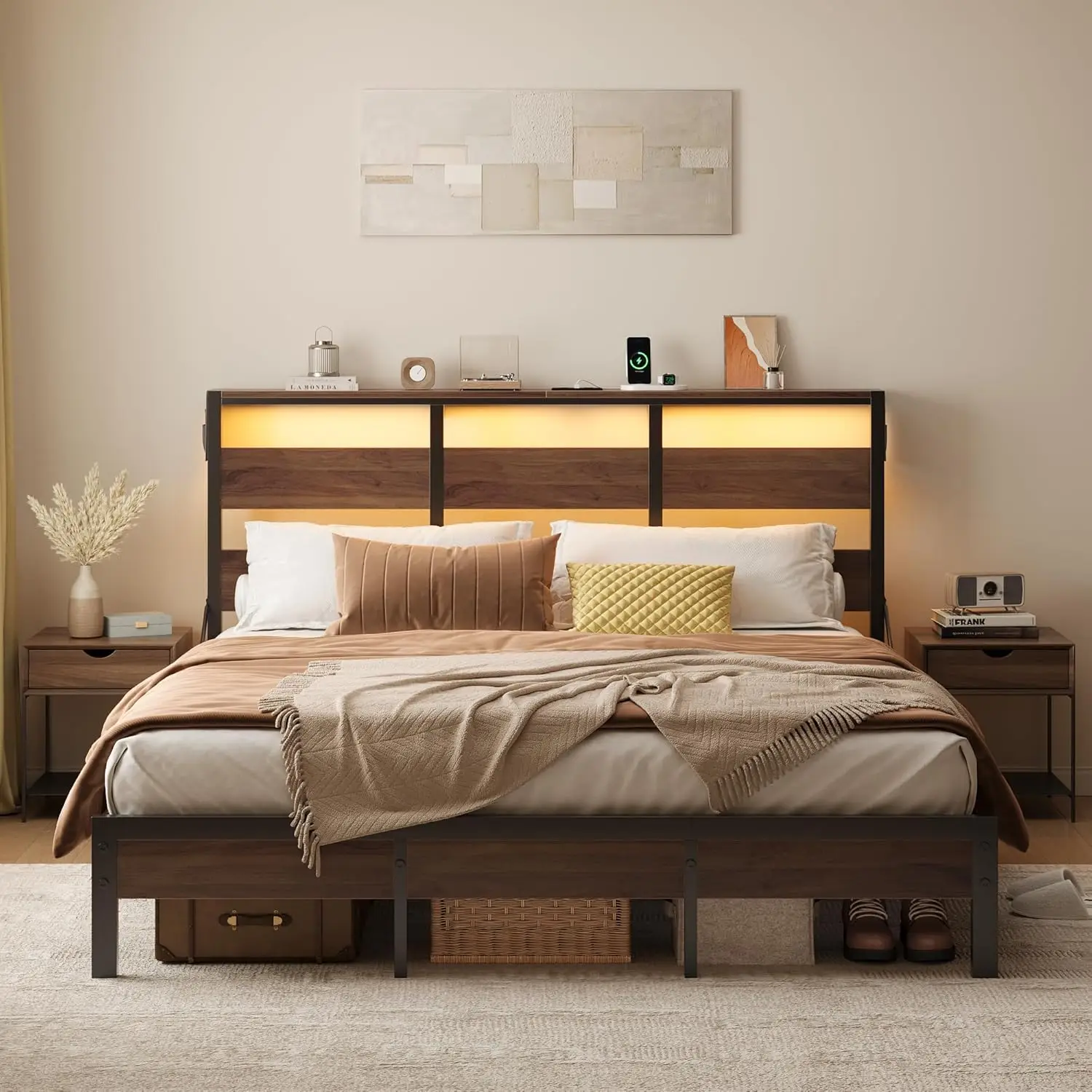 Pinmoco Bed Frame with Storage Headboard and Charging Station, Walnut Platform Bed Frame with LED Light, Non-Slip Metal Bed Frame, Noise-Free, Easy As