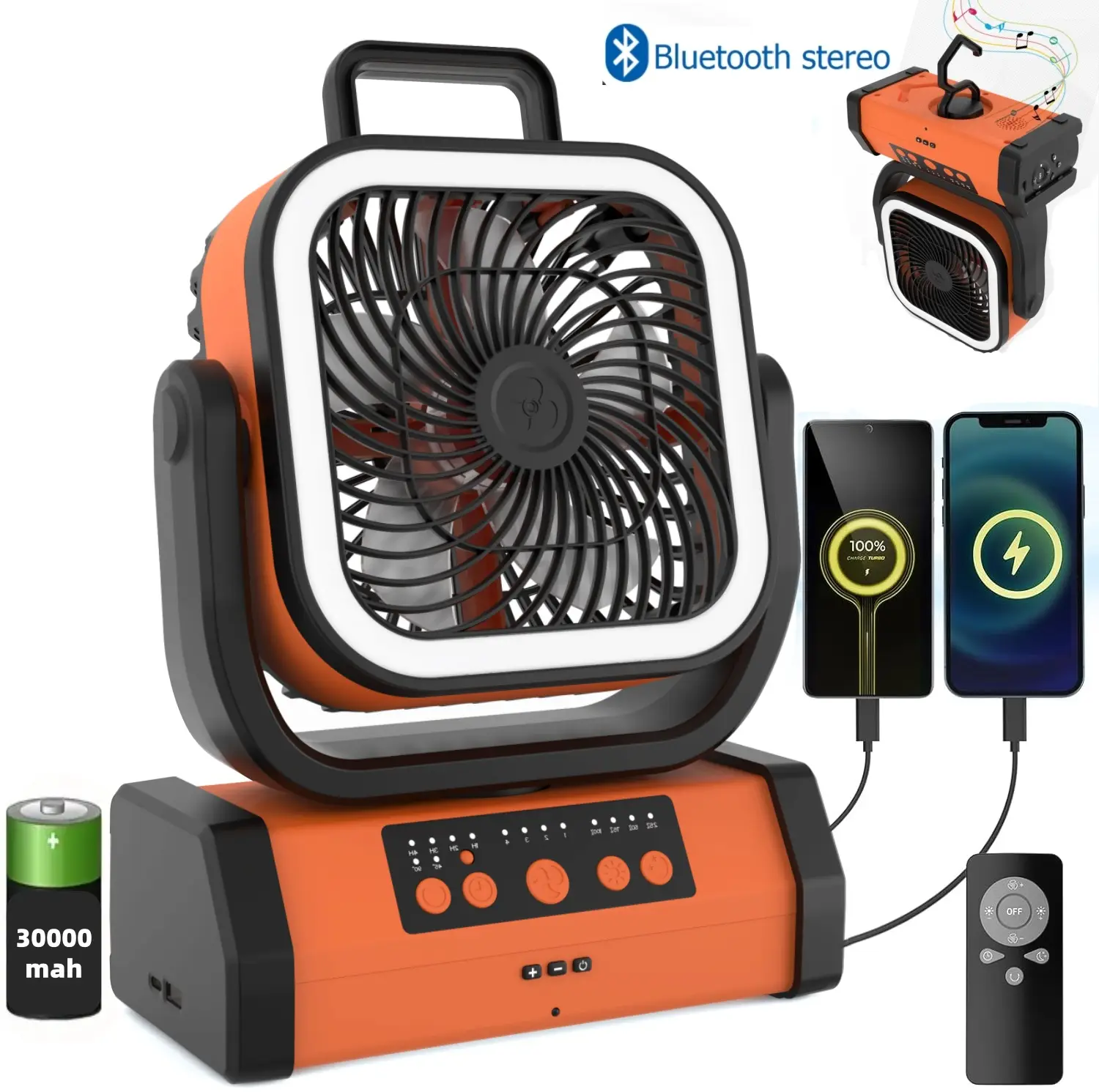 Upgraded Battery Fan with Bluetooth Audio, LED Light & Remote Control, USB-C Rechargeable, Perfect for Camping, Power Outage, Office, Home, Fishing