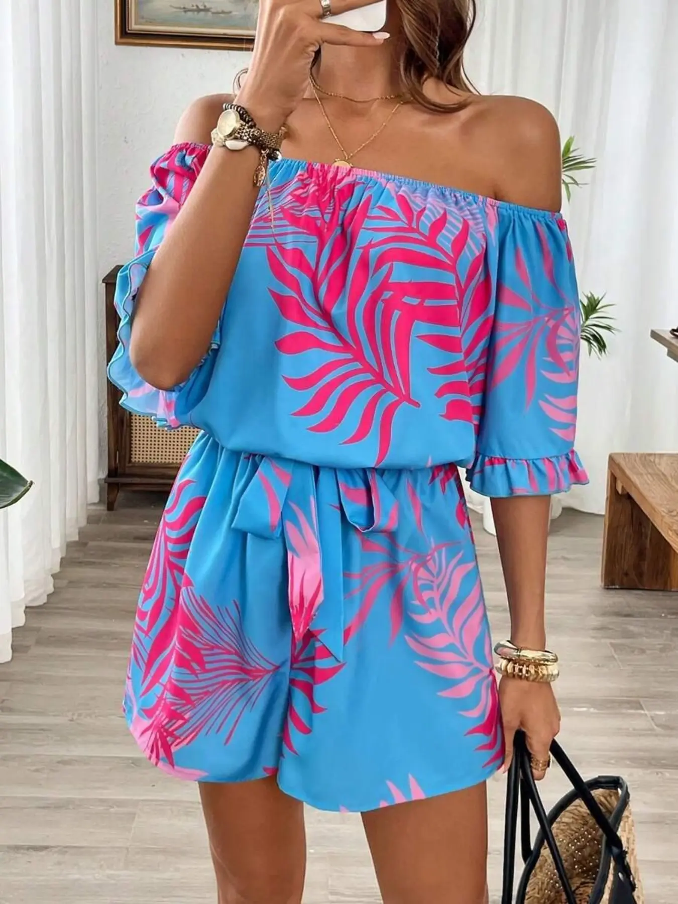 Summer Women's Romper, Tropical Hawaiian Boho Style Print Sleeveless Waist Cinched Ruffled Shoulder Strap Design, Lightweight Breathable Fabric, Perfect for Warm Weather, Chic