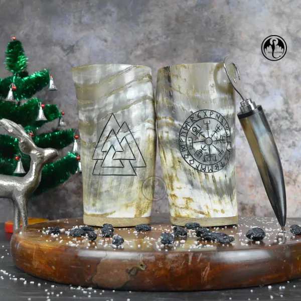 Viking Drinking Horn Cups Set of 2 with Bottle Opener| 8oz Unique Tumbler| Genuine Ox Horns| Viking Gifts for Men & Women| Handmade| Engraved Shine Finish (Compass & Valknut)