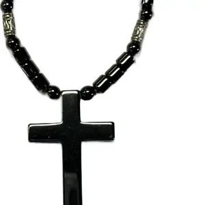 Magnetic Hematite Cross Necklace Handcrafted with Black Beads and Silver Accents for Men and Women