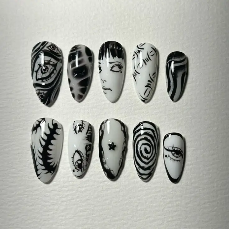 Handmade Junji Ito Inspired Press On Nails, Tomie Uzumaki Horror Manga Nail Art, Black White Gothic Eye Spiral Almond False Nails, Dark Anime Nails | Gift Set (Adhesive Tabs, Nail File, Cuticle Stick)