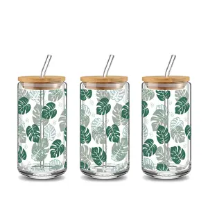 Monstera Leaf Tropical 16oz Glass Can Cup with Lid and Straw, Reusable Glass Drinking Cup, Stylish Glassware, Perfect Gift, Drinkware