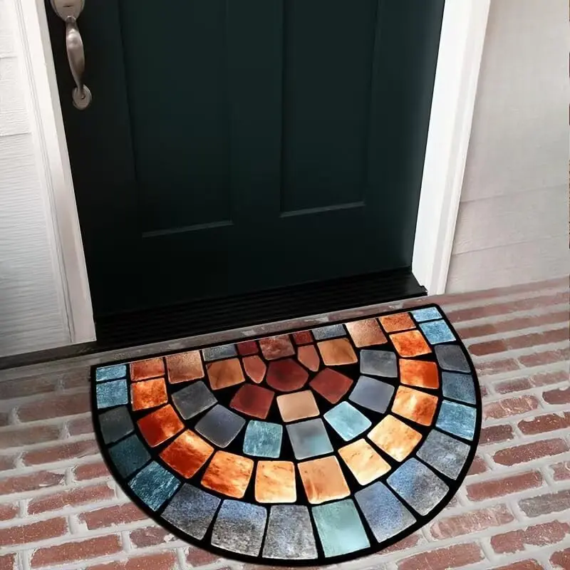 Semi-Circular Floral Print Doormat - Waterproof & Non-Slip Entrance Mat for Outdoor/Indoor Use, Scrapes Mud/Dirt, for Front Door, Bathroom, Patio