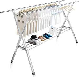 Clothes Drying Rack 2 Tiers, Heavy Duty Drying Rack Clothing Folding Indoor Outdoor, Stainless Steel Laundry Drying Rack, Foldable Garment Rack with 20 Windproof Hooks (84 Inches)