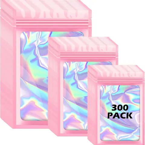 300 Pcs 3-Size Pink Reflective Holographic Aluminium Self-Seal Storage Bags - Durable Plastic Organizers, Sealed Zipper Pouches, Portable Snack Storage Bags with Window Foil, 4.7x7.9in Lip Gloss & Jewellery Packs
