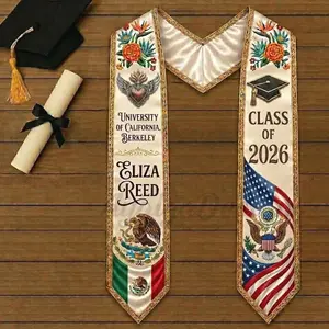 Personalized Mexico USA Graduation Stole 2026, Custom Mexican American Flag Grad Sash with Name, Sacred Heart Floral University Grad Gift