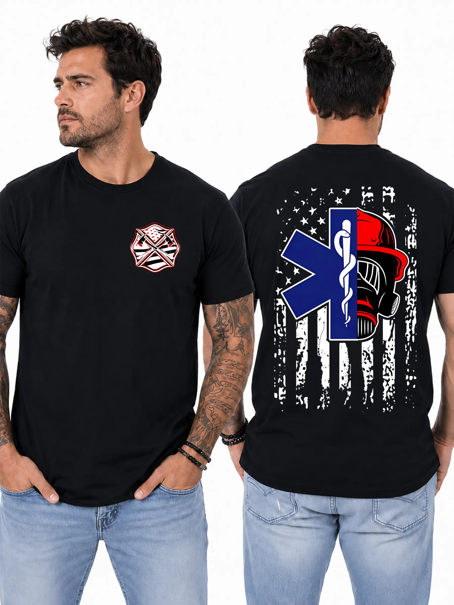 Firefighter & EMS First Responder T-Shirt, Star of Life & Fire Helmet Split Graphic, HeatherstShop Graphic Shirt, For Dual Role Responders & EMT Firemen, Gift for Fire Rescue Squad