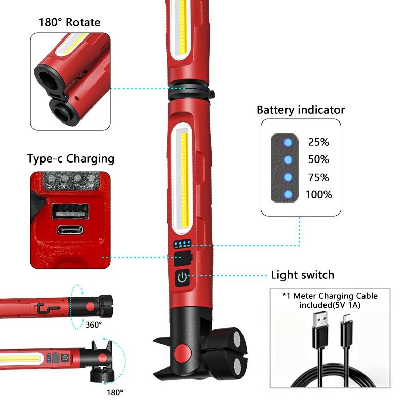2-in-1 mechanical work light, 3000 lumens magnetic work light, rechargeable LED work light strip, portable wireless hood-under work light strip with hook, foldable design, suitable for maintenance workshops and emergency lighting