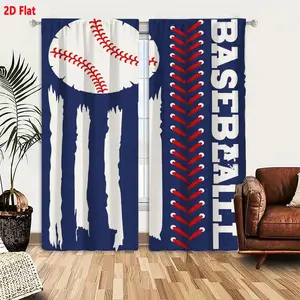 2D Flat Baseball Theme Curtain 2-Piece Set, Blue White Red Sports Style with Baseball Stitching Pattern and Distressed Brush Strokes, Vertical Bold Lettering for Living Room Bedroom Window Decoration