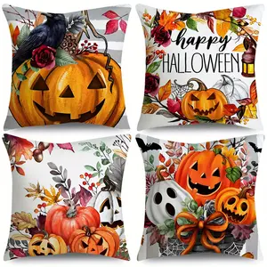 4pcs, Happy Halloween Pumpkin Halloween Throw Pillow Covers Striped Flowers Leaves Crow Bat Farmhouse Fall Halloween Decorative Cushion Case for Bedroom Sofa Couch, Single-sided Printing, Without Pillow Core