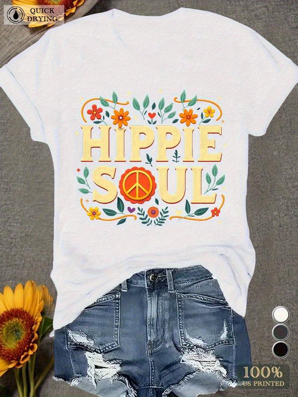 teediy HIPPIE SOUL Women's Comfit T-Shirt Regular Fit Short Sleeve, Geometric Floral Peace Sign Print, Lightweight  Machine Washable Casual Top for All Seasons