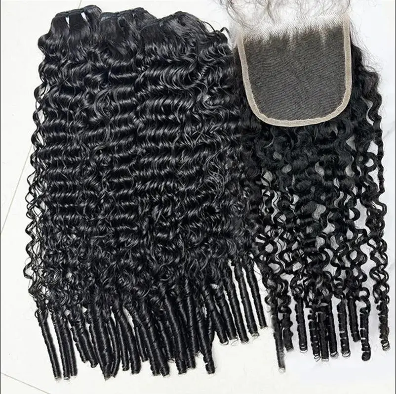 13A 3C4A Burmese Curly Human Hair Bundles with Closure Natural Color Unprocessed Raw Hair Extension Real Human Hair Weft Spiral Curly End