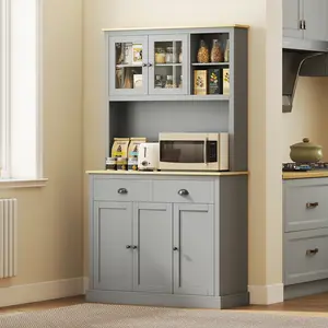 71 Inch Tall Pantry Cabinet Gray Freestanding Kitchen Hutch with Wide Countertop Adjustable Shelves Glass Top Door for Coffee Bar Microwave Stand Living Room Office